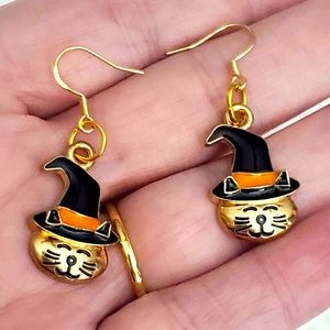 Cat kitty witch hat Halloween earrings enamel 925 silver gold plated fall